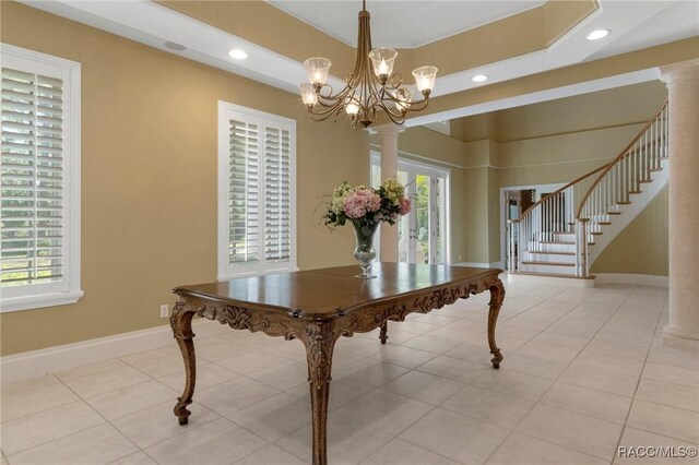 4160 W Bonanza Dr, Beverly Hills, FL 34465 - dining room with stairway, baseboards, a chandelier, recessed lighting, and light tile patterned floors