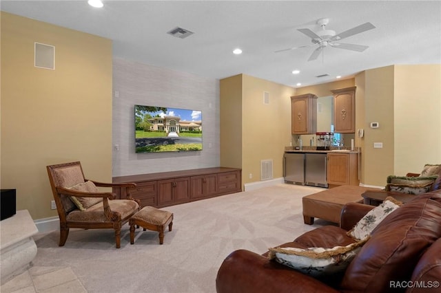 4160 W Bonanza Dr, Beverly Hills, FL 34465 - living room with light carpet, recessed lighting, baseboards, and a ceiling fan