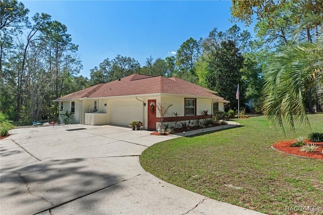 view of property exterior with a garage, a lawn, concrete driveway, and stucco siding