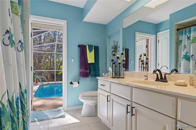 full bath with tile patterned flooring, baseboards, vanity, and toilet