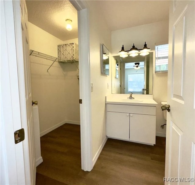 bathroom featuring vanity, baseboards, a walk in closet, and wood finished floors