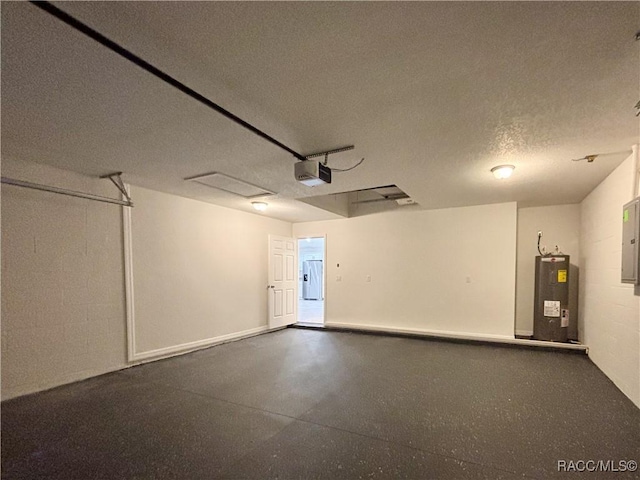 garage featuring concrete block wall, stainless steel refrigerator with ice dispenser, a garage door opener, water heater, and electric panel