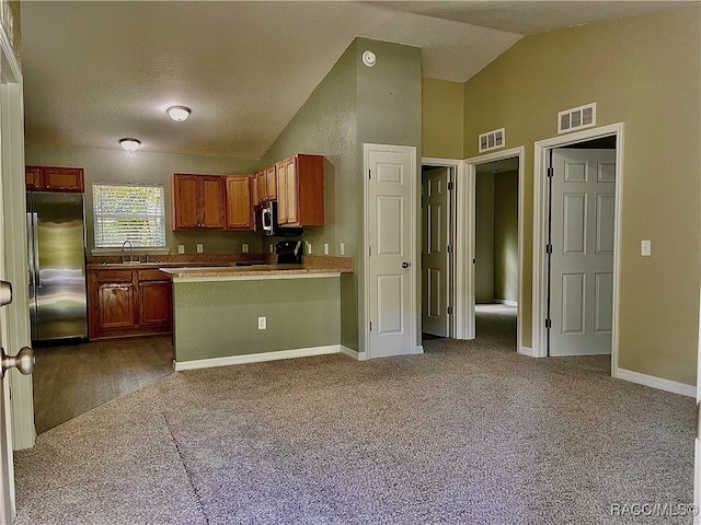 kitchen with carpet, stainless steel appliances, and vaulted ceiling