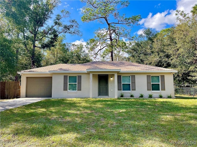 ranch-style house with a front yard and a garage