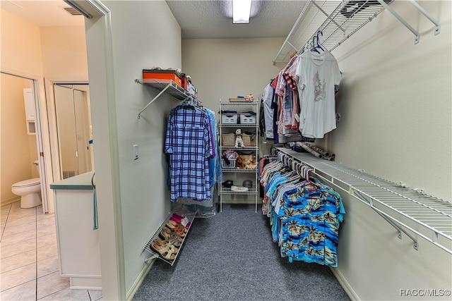 walk in closet with light carpet