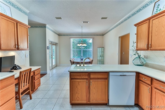 kitchen featuring backsplash, kitchen peninsula, dishwasher, and a notable chandelier