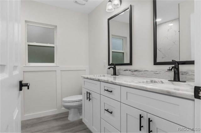 4911 S Skyblue Dr, Inverness, FL 34452 - bathroom featuring double vanity, toilet, wainscoting, a sink, and wood finished floors