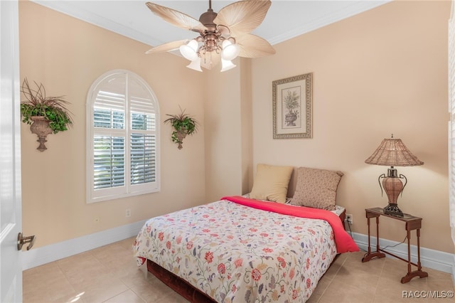 bedroom with ceiling fan, light tile patterned floors, and crown molding