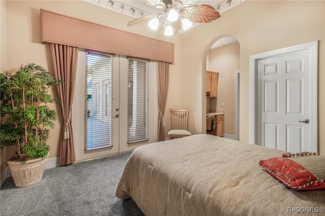 bedroom featuring ceiling fan, carpet floors, and access to outside