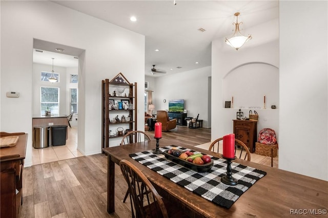 dining room with light wood-type flooring and ceiling fan