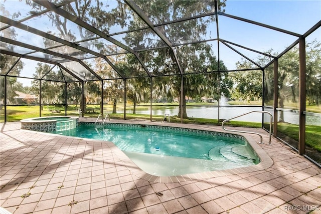 view of pool featuring a lanai, a water view, and a patio