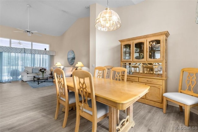 158 N Skyflower Pt, Lecanto, FL 34461 - dining area with light wood-style flooring, ceiling fan, a chandelier, and high vaulted ceiling