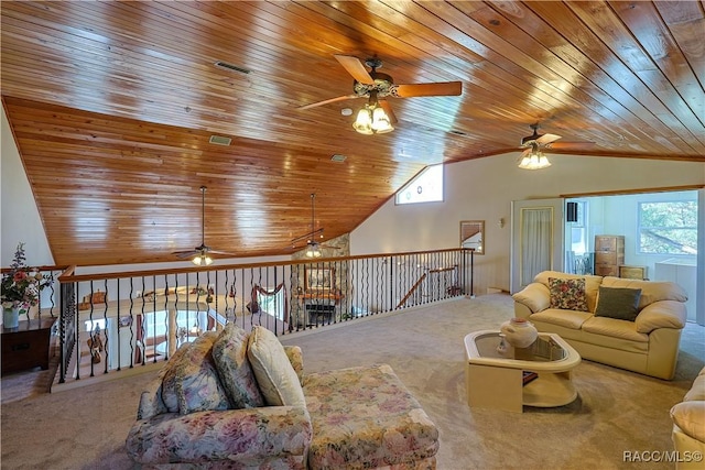 carpeted living area with vaulted ceiling, wooden ceiling, and ceiling fan