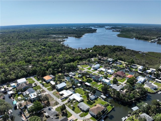 birds eye view of property featuring a water view, a residential view, and a view of trees