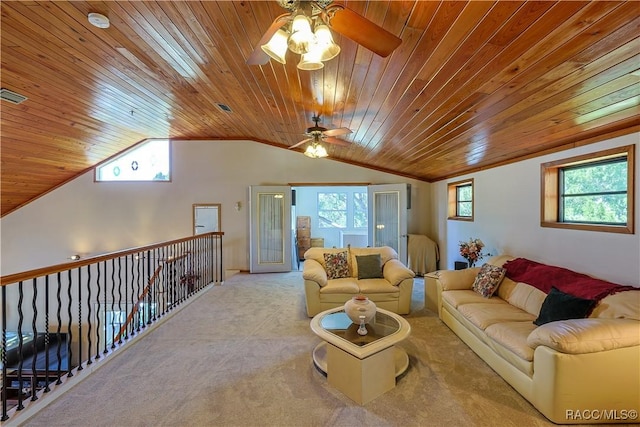 living area with wooden ceiling, a ceiling fan, a healthy amount of sunlight, vaulted ceiling, and carpet flooring