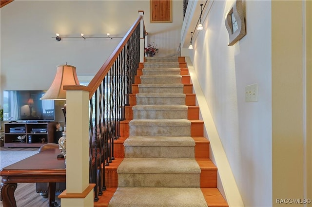 stairway featuring wood finished floors