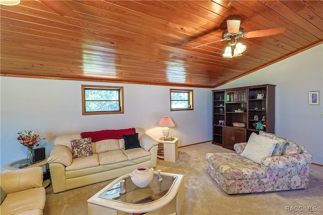 carpeted living room featuring ceiling fan, wooden ceiling, vaulted ceiling, and baseboards