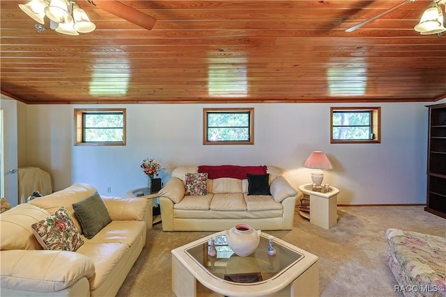 living room featuring a wealth of natural light, carpet flooring, wood ceiling, and baseboards