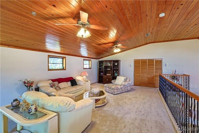 carpeted living room featuring wood ceiling, a ceiling fan, and lofted ceiling
