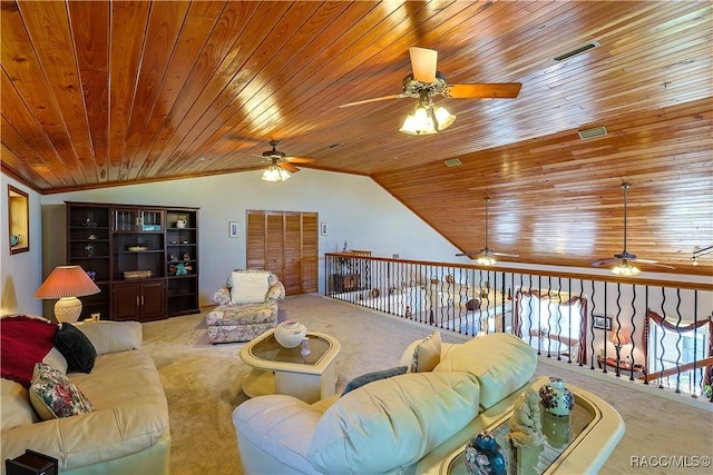 living area with vaulted ceiling, wood ceiling, a ceiling fan, and carpet floors