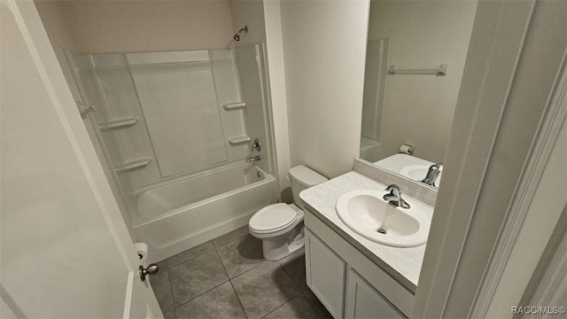 full bathroom with  shower combination, toilet, tile patterned floors, and vanity