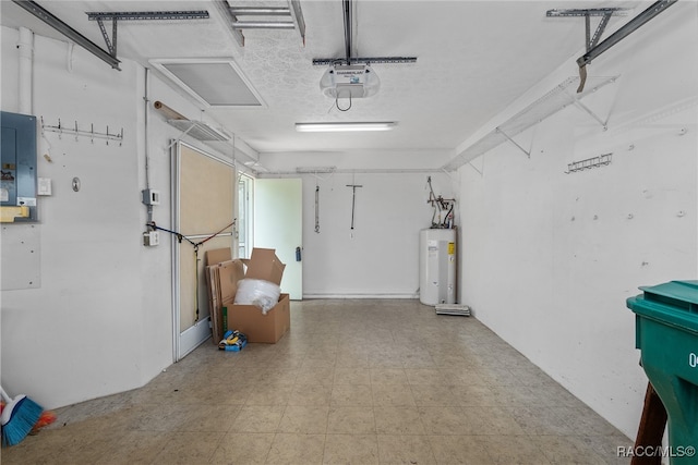 garage with electric panel, a garage door opener, and water heater