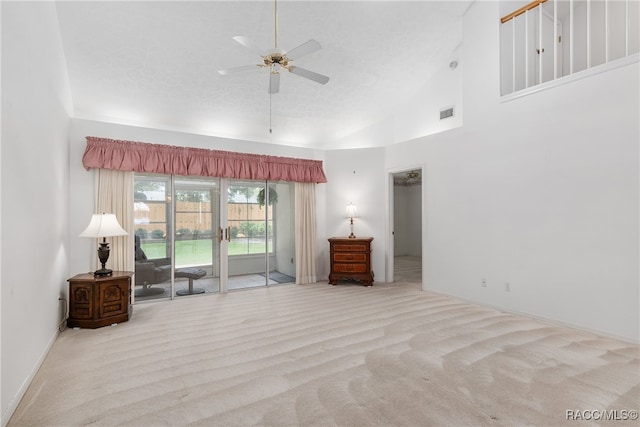 bedroom featuring light carpet, access to outside, high vaulted ceiling, and ceiling fan