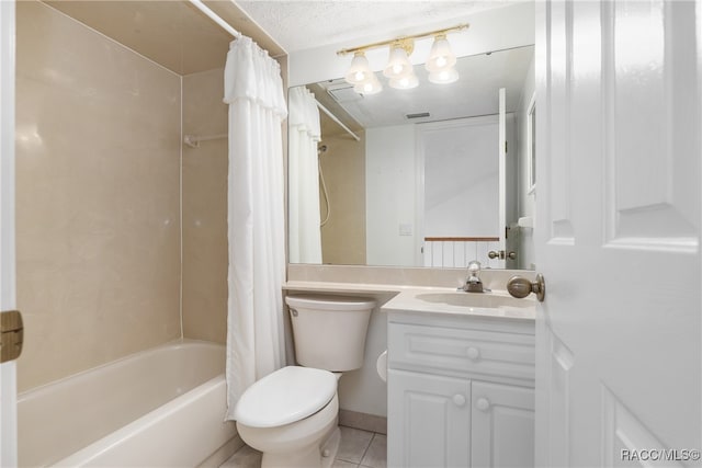 full bathroom with vanity, tile patterned flooring, toilet, shower / bath combo with shower curtain, and a textured ceiling