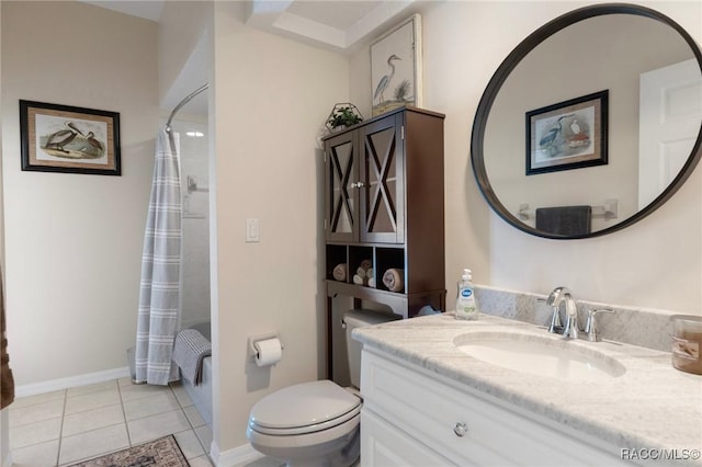 full bath featuring toilet, tile patterned flooring, baseboards, and vanity