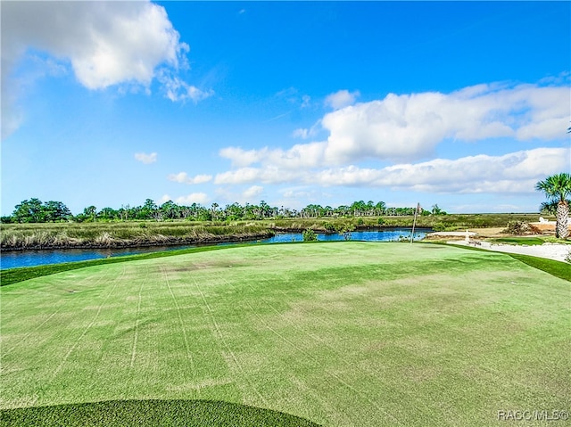 view of property's community featuring a water view and a yard