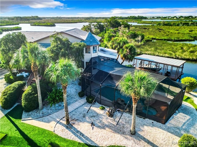 aerial view featuring a water view