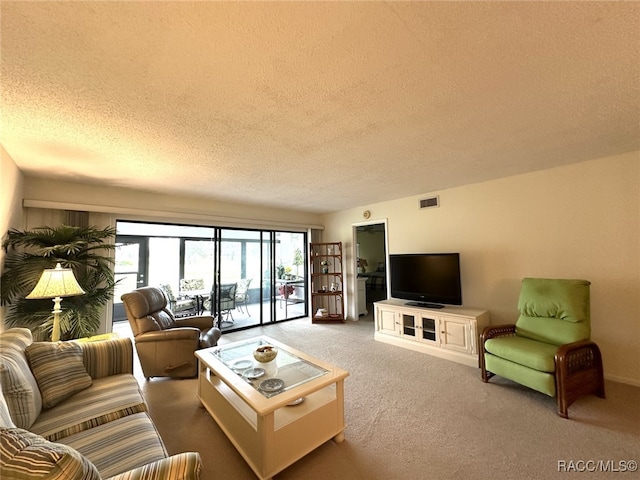 living room with a textured ceiling and carpet floors