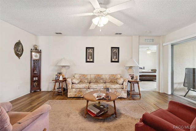 living room with light hardwood / wood-style floors and a textured ceiling