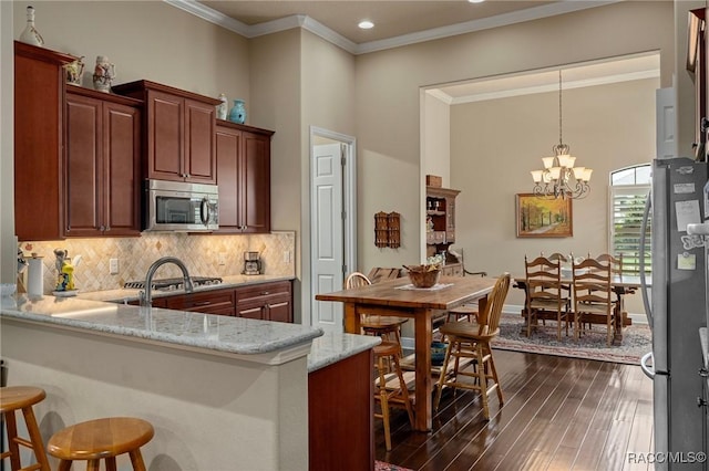 1576 N Eagle Ridge Path, Hernando, FL 34442 - kitchen with stainless steel appliances, crown molding, dark wood-style floors, light stone countertops, and a chandelier
