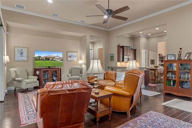 1576 N Eagle Ridge Path, Hernando, FL 34442 - living area featuring dark wood-style floors, ceiling fan, crown molding, and recessed lighting