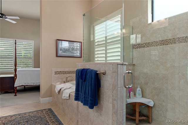1576 N Eagle Ridge Path, Hernando, FL 34442 - bathroom featuring a ceiling fan, tiled shower, a bath, tile patterned flooring, and ensuite bath