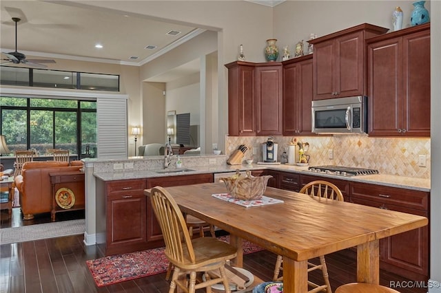 1576 N Eagle Ridge Path, Hernando, FL 34442 - kitchen with stainless steel appliances, ornamental molding, a ceiling fan, open floor plan, and dark wood-type flooring
