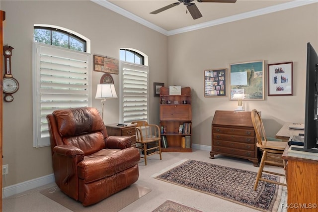1576 N Eagle Ridge Path, Hernando, FL 34442 - living area featuring ceiling fan, ornamental molding, carpet, and a desk