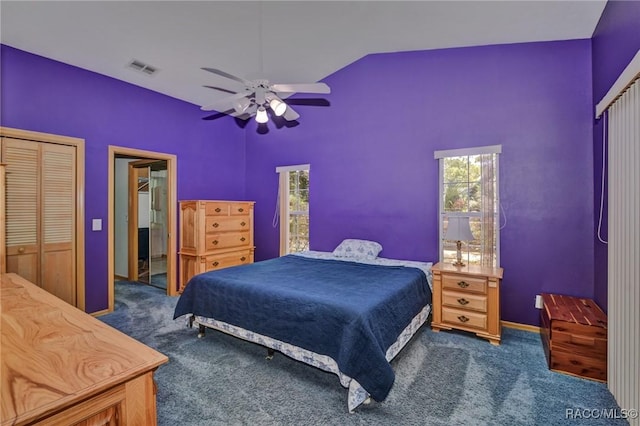 3670 W Cogwood Cir, Beverly Hills, FL 34465 - bedroom featuring dark colored carpet, multiple windows, ceiling fan, and high vaulted ceiling