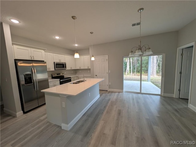 kitchen with white cabinetry, stainless steel appliances, sink, and pendant lighting