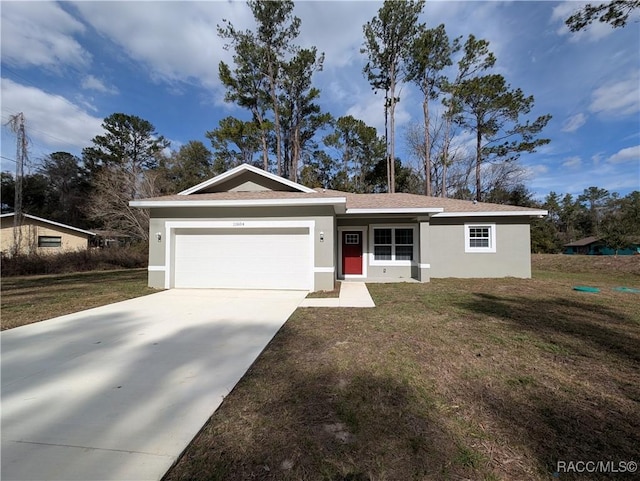 ranch-style home with a garage and a front yard