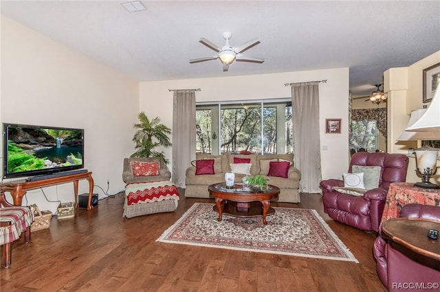 living room with dark hardwood / wood-style floors