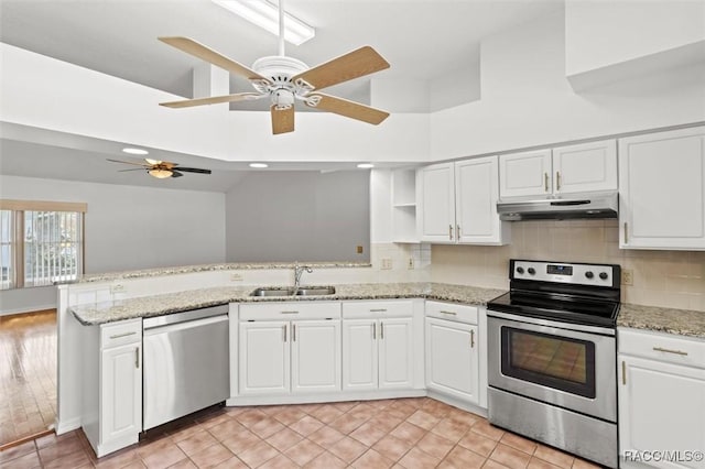 kitchen featuring white cabinetry, sink, decorative backsplash, kitchen peninsula, and stainless steel appliances