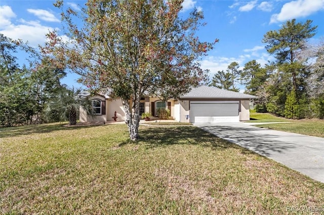 obstructed view of property with a garage, driveway, a front yard, and stucco siding