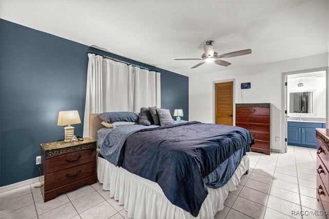 4357 N Indianhead Rd, Hernando, FL 34442 - bedroom featuring light tile patterned floors, a sink, a ceiling fan, connected bathroom, and baseboards