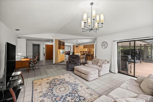 4357 N Indianhead Rd, Hernando, FL 34442 - tiled living room featuring a chandelier, lofted ceiling, and an office area