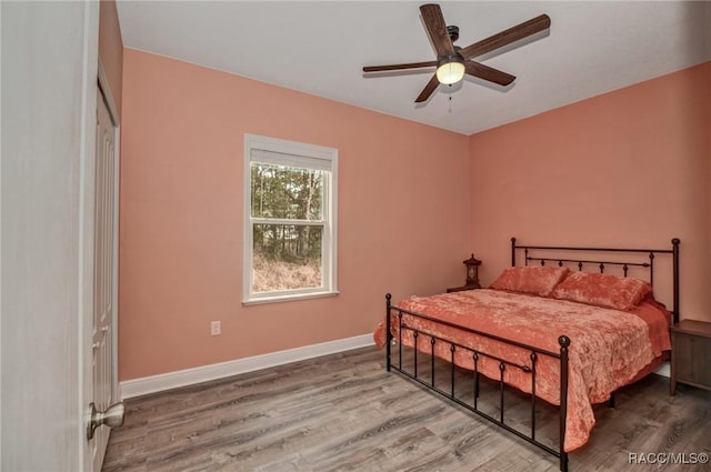 bedroom featuring ceiling fan, wood-type flooring, and a closet