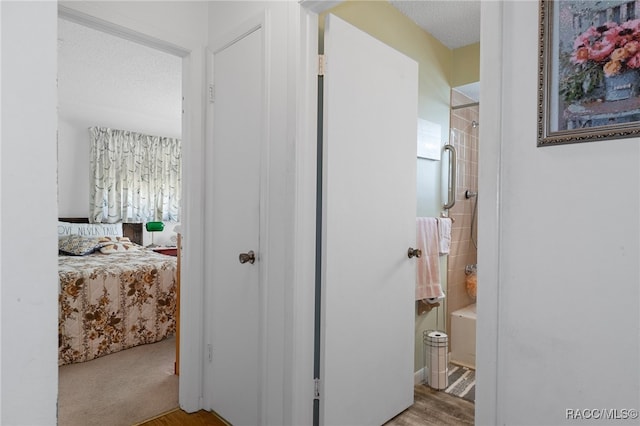 hallway with light hardwood / wood-style floors and a textured ceiling