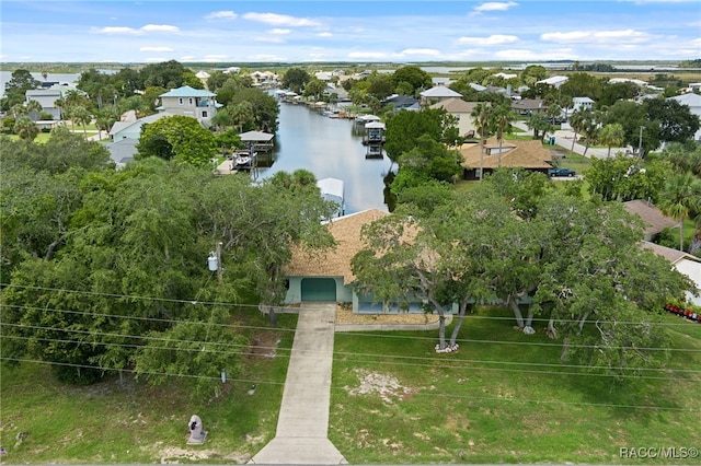 bird's eye view with a water view