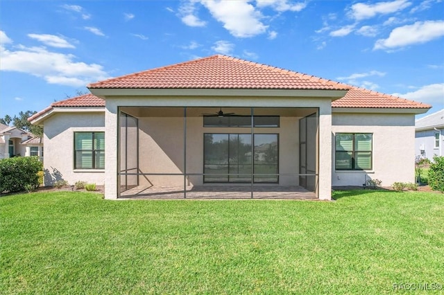 2071 N Buttonwood Loop, Hernando, FL 34442 - rear view of house with a yard, a ceiling fan, a tiled roof, and stucco siding